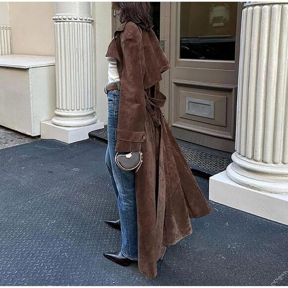Womens Faux Suede Long Trench Coat Notched Lapel Double Breasted Pea Coat Overco - Picture 3 of 8